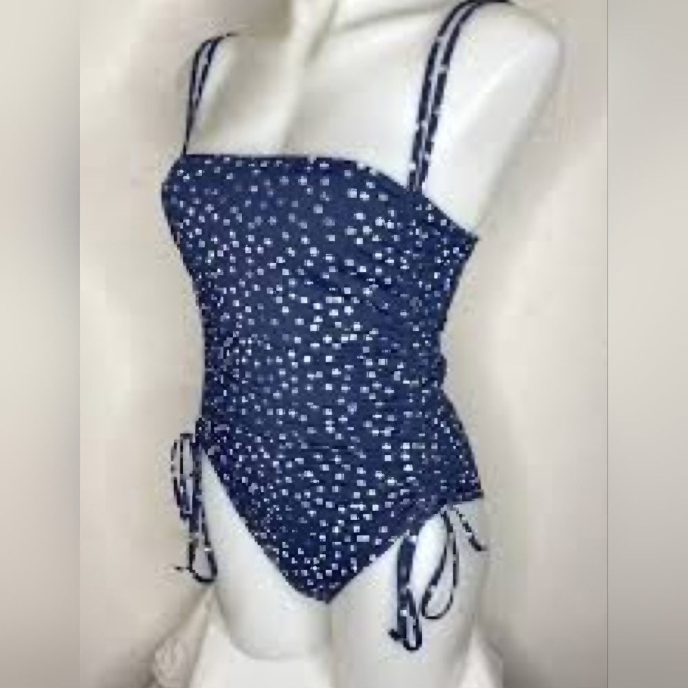 Roxy one-piece bathing suit, size large, blue with white polka dots